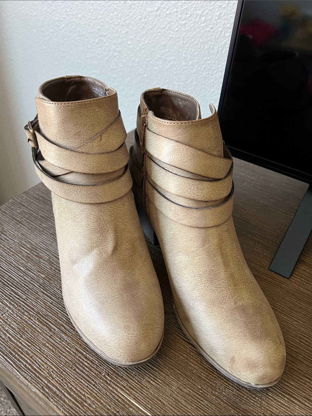 Tan Wrap-Strap Ankle Booties for Women